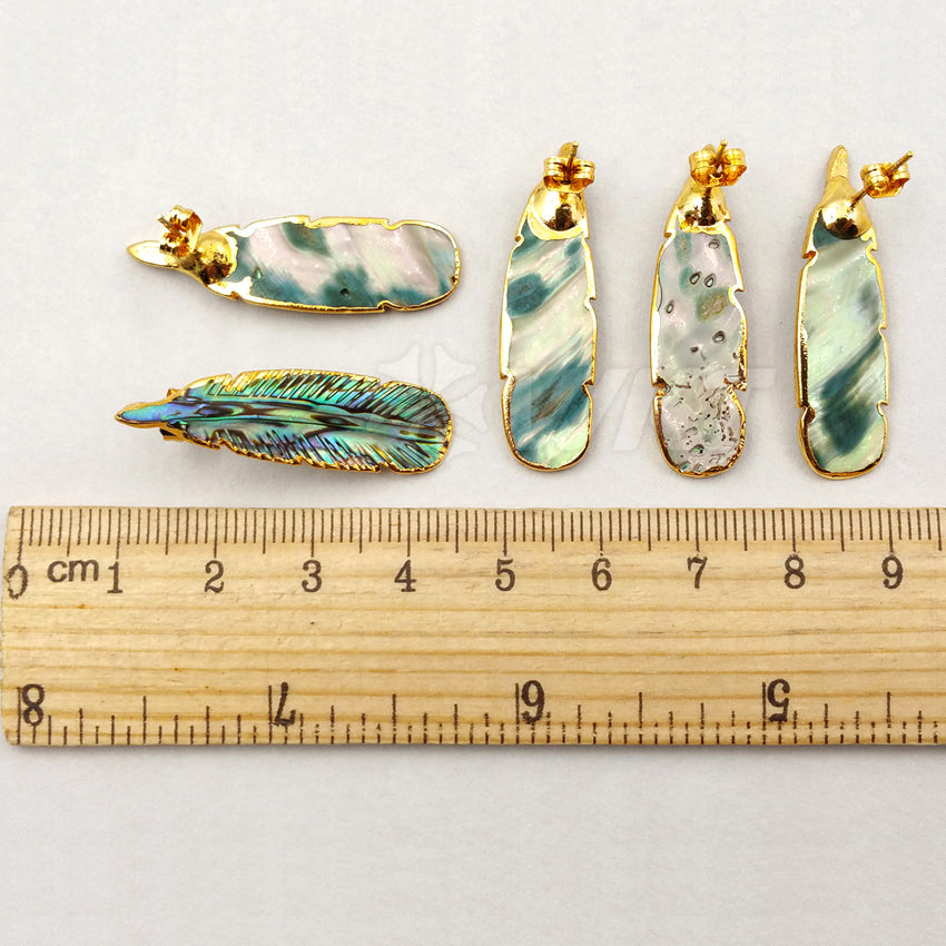 WT-E355 Amazing Hand Carved Natural Abalone Feather Studs Earrings, 24k Gold Trim Shell Feather Studs Earring