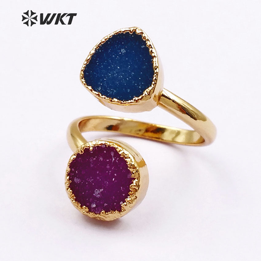 WT-R119 Adjustable Gold Stone Ring, Double Druzy Geode Ring, Druzy Jewelry Gold Plated Ring Two Stones Ring