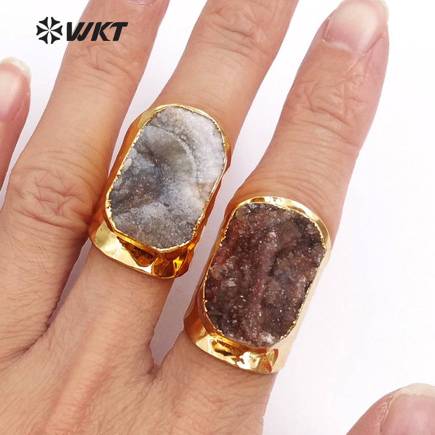 WT-R207 Wholesale Fashion Trendy Natural Druzy Stone Cigar Rings 24k Gold Electroplated Druzy Stone Rings