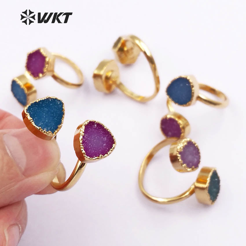 WT-R119 Adjustable Gold Stone Ring, Double Druzy Geode Ring, Druzy Jewelry Gold Plated Ring Two Stones Ring