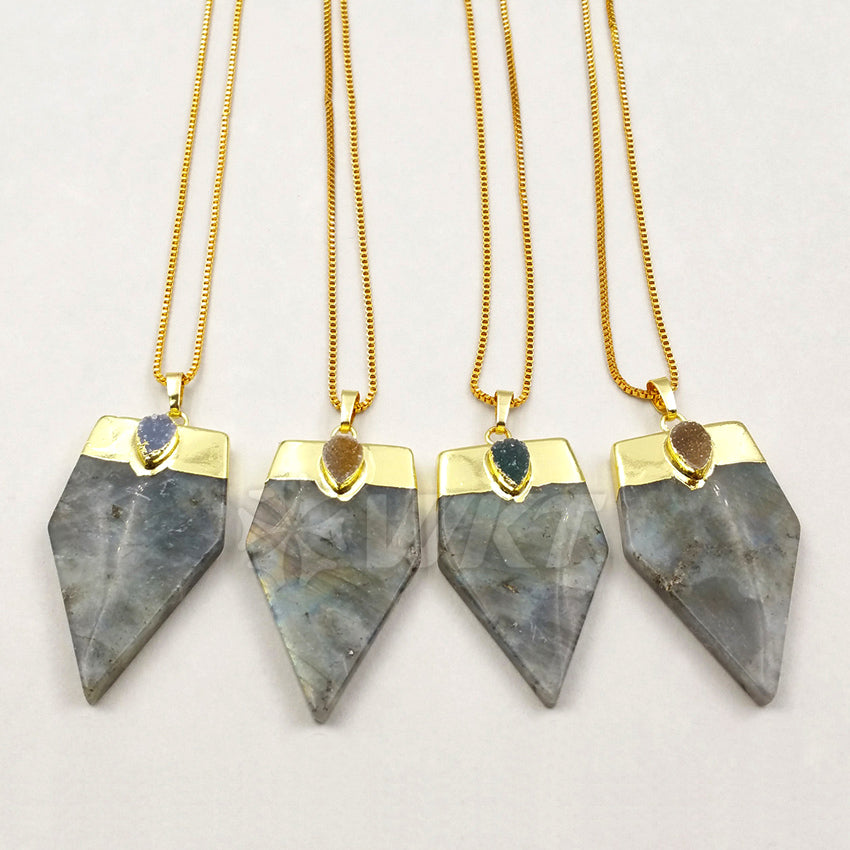 WT-N970 Wholesale New Arrival Natural Gray Labradorite Irregular Blade Shape Gemstone Necklace With Agate Bead for Woman Making