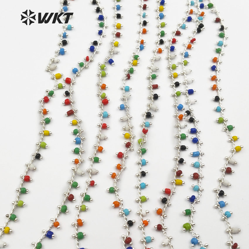 WT-RBC059 for Women Stylish Jewelry Multi Colors Random Bead in Gold or Silver Electroplated Wire Wrapped Tiny Bead Rosary Chain