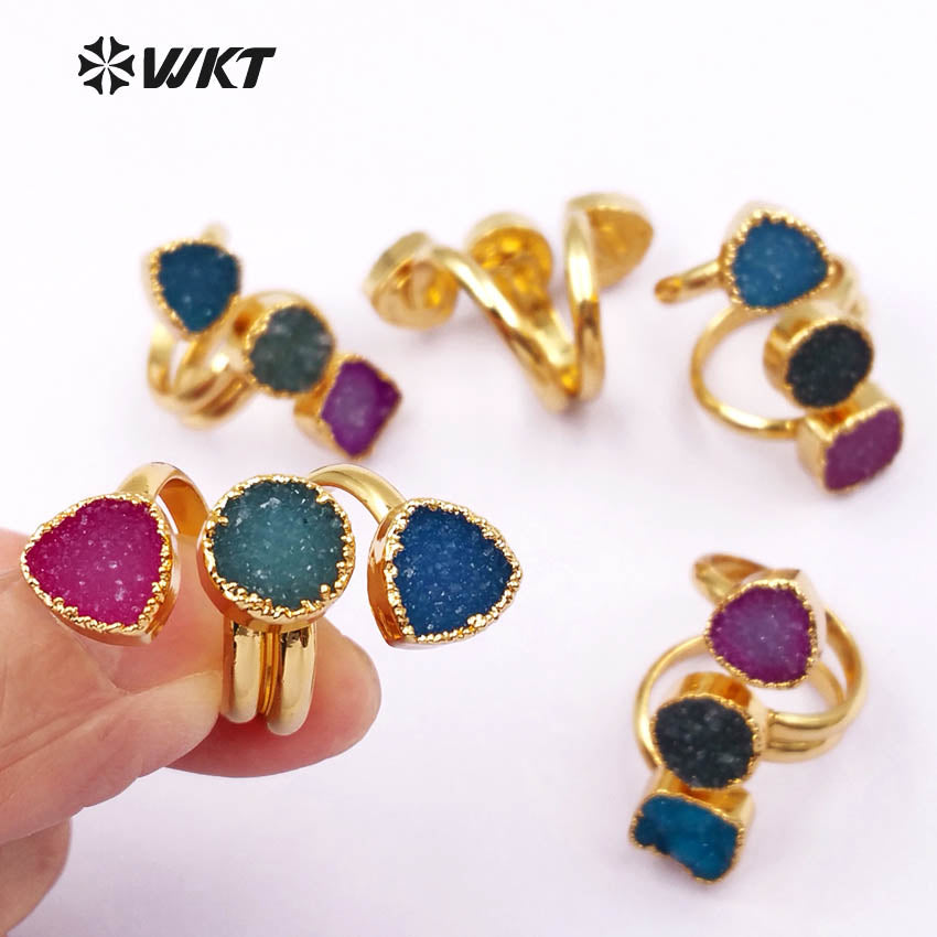 WT-R120 Wholesale Gorgeous Natural Triple Druzy Agate Ring, Geometric Shape 24k Gold Plated Triple Stone Druzy Ring