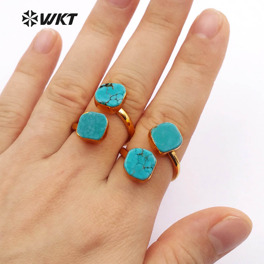 WT-R103 New! Fashion Design Double Turquoise Ring in 24k Real Gold Plated, Green Turquoise Stone Ring