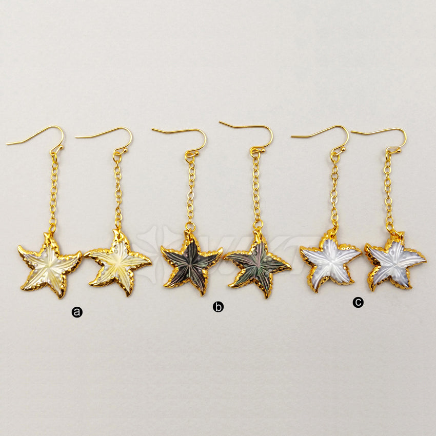 WT-E347 Wholesale New Arrival Fashion Hand Carved Sea Shell Star Earrings Women Gold Trim Dangle Charm Pendant Earrings