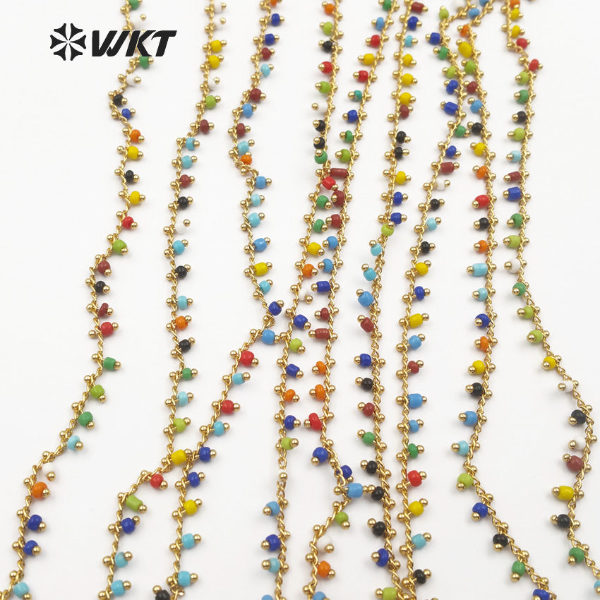WT-RBC059 for Women Stylish Jewelry Multi Colors Random Bead in Gold or Silver Electroplated Wire Wrapped Tiny Bead Rosary Chain