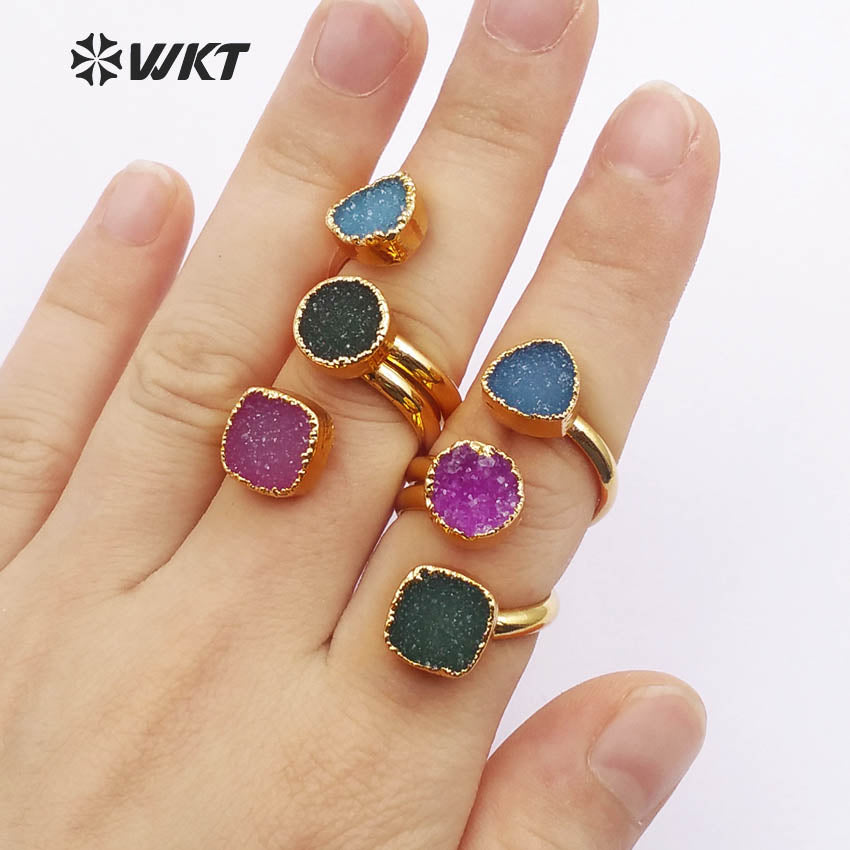 WT-R120 Wholesale Gorgeous Natural Triple Druzy Agate Ring, Geometric Shape 24k Gold Plated Triple Stone Druzy Ring