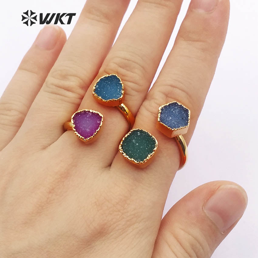 WT-R119 Adjustable Gold Stone Ring, Double Druzy Geode Ring, Druzy Jewelry Gold Plated Ring Two Stones Ring