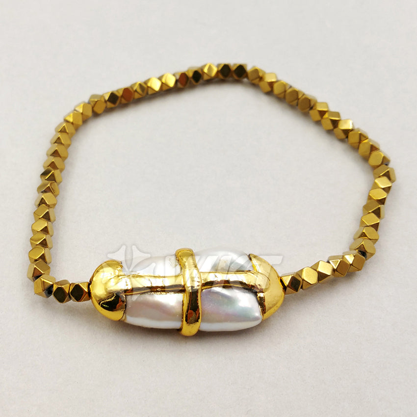 WT-B364 Wholesale Hot Sale Blingbling Hematite Beads Bracelet Natural Pearl With 24K Real Gold Cross Bracelet Generous Chic