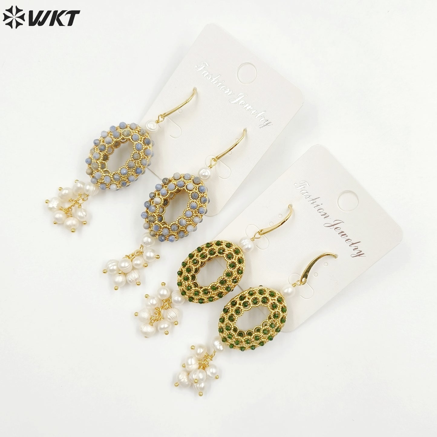 WT-MPE108 Latest Style Regular Natural Pearl and Stone 18k Gold Plated Oval Shaped 81*20mm Romantic Pendant Earrings