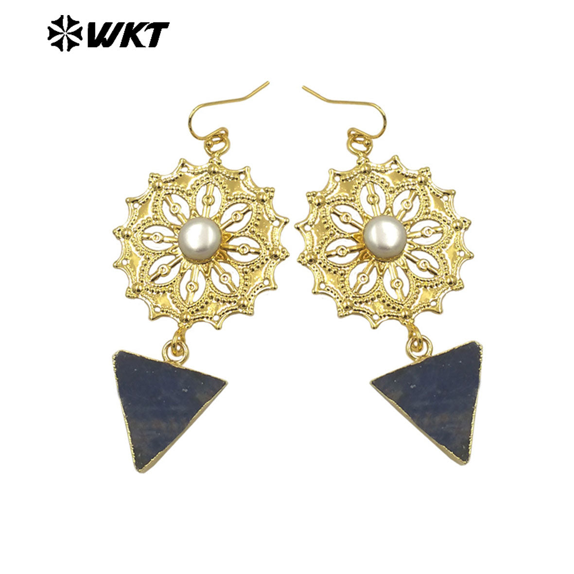 WT-MPE151 Wholesale Newest Design Ladies Fashion Gold Plated Natural Freshwater Pearl Earrings With Triangle Stone Charm