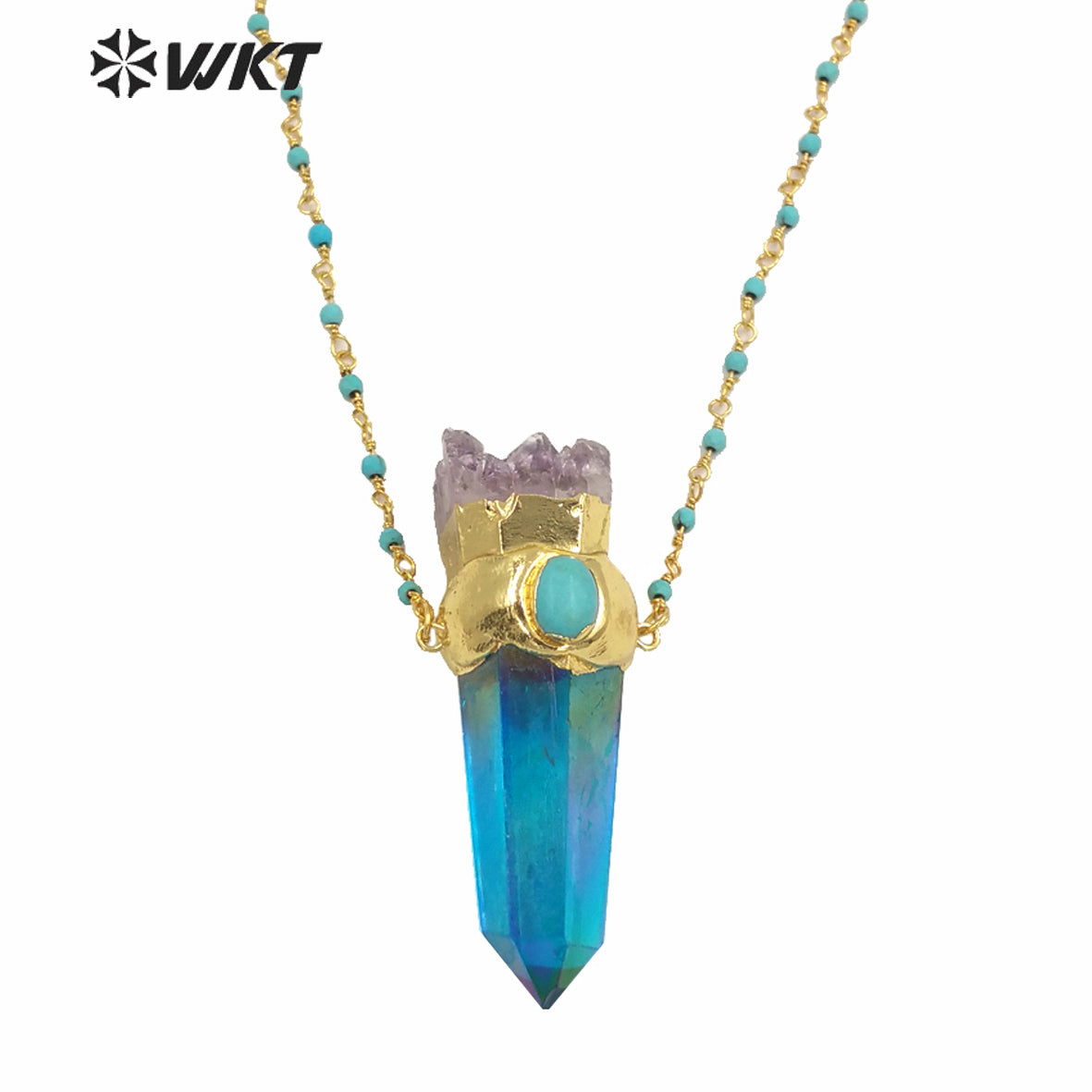WT-N1252 Wholesale Gold Electroplated Natural Aura Spirit Quartz Necklace Women Fashion Chunky Crystal Point Quartz Necklace