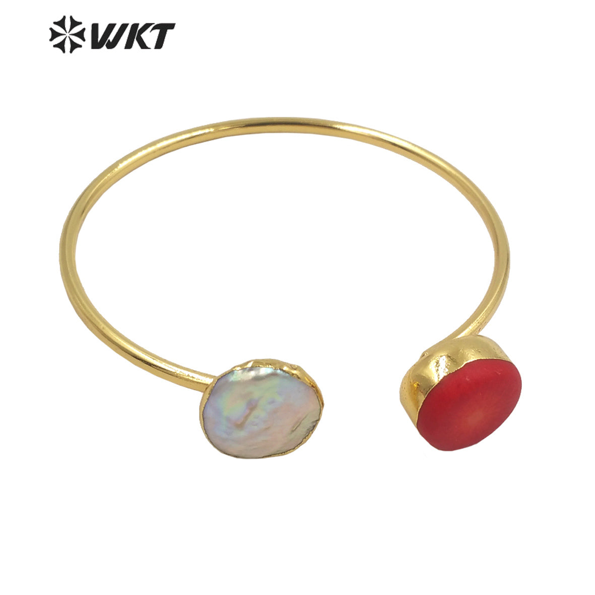 WT-MPB052 Beautiful Sample Red Coral Bangles Natural Pearl Bangles Brass with 18k Real Gold Plated Exotic Natural Pearl Bangles
