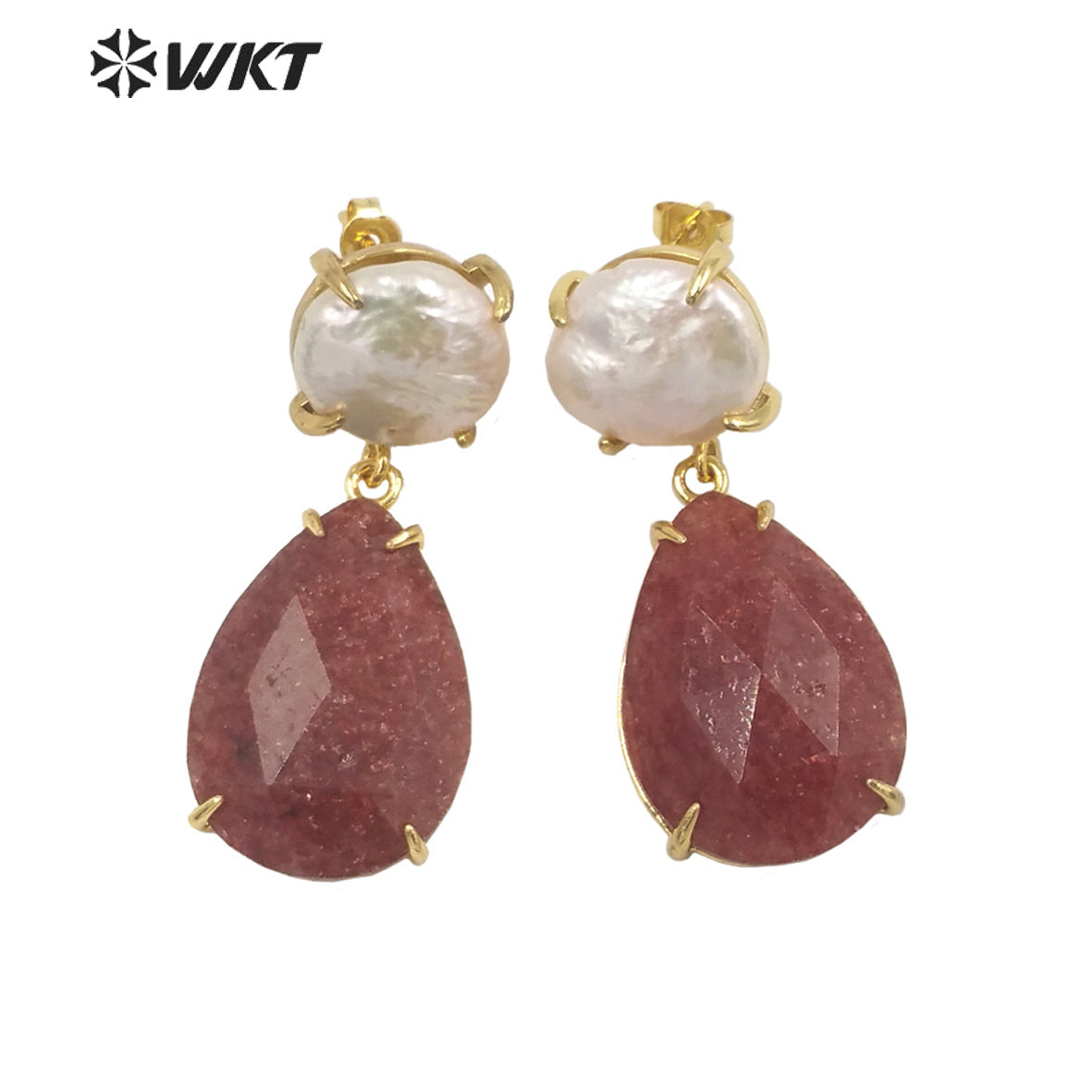 WT-E696 Amazing the Royal Nobility Gorgeous Design Women Natural Gemstone Teardrop Earrings with Pearl Studs in Resist Gold