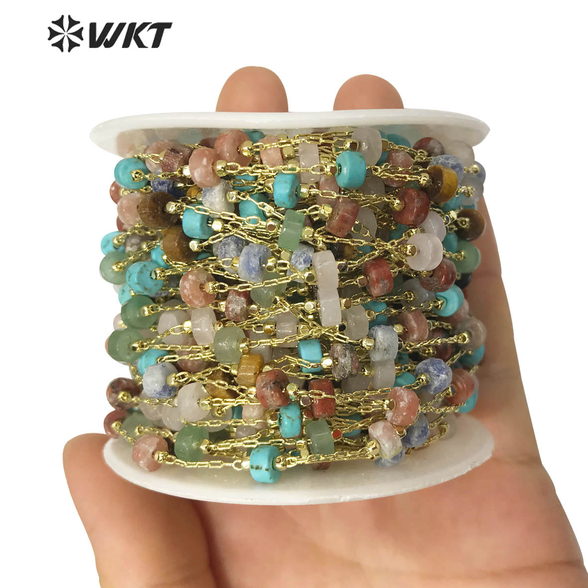 WT-RBC133 Stylish Accessory Stone Beads Chain 6mm Natural Stone Beads Rosary Necklace Chain Gold Plated Jewelry Beads Chain