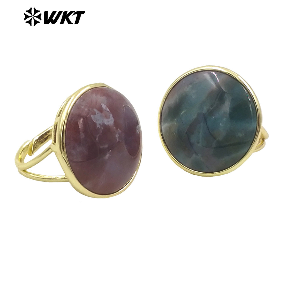 WT-R513 Wholesale New 18k Gold Plated Bezel Setting Natural Big Round Gemstone Lapis Birthday Stone Ring