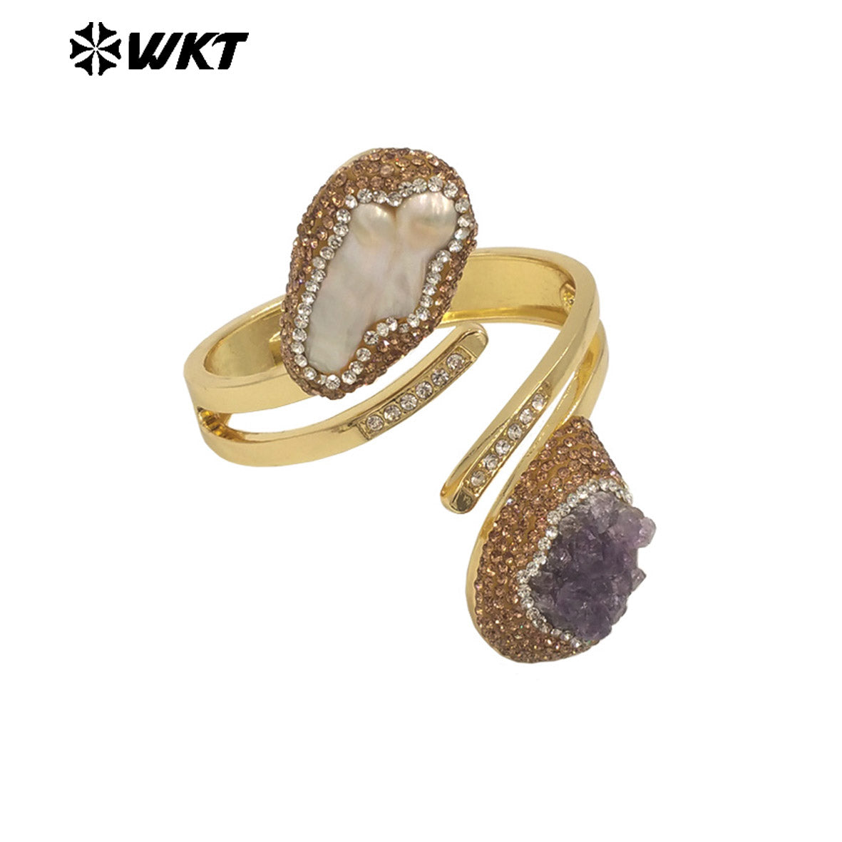 MPB126 Newest Unique Design 18K Gold Plated Natural Amethyst Stone and Pearl Bangle in Adjustable Size for Women Jewelry