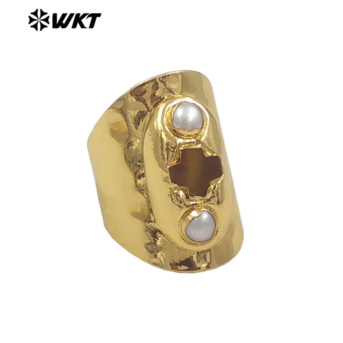 WT-MPR130 New Arrival 18K Gold Plated Religious Ring Jewelry With Double Pearls and Cross Shape Stone Adjustable Size for Party