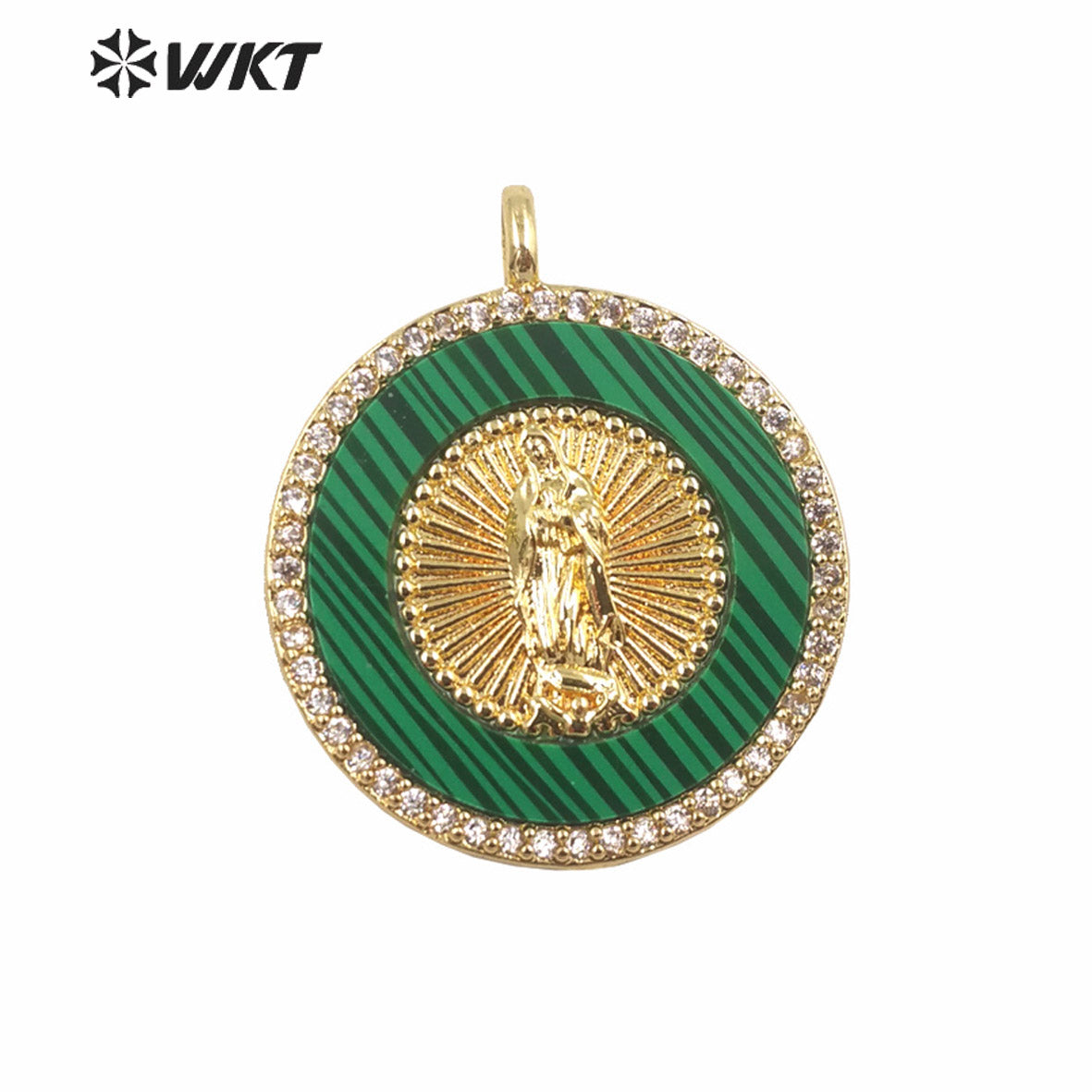 WT-MP272 Newest Vintage Style Ball Shaped Natural Malachite Stone &Cubic Zircon Madonna Design Pendant