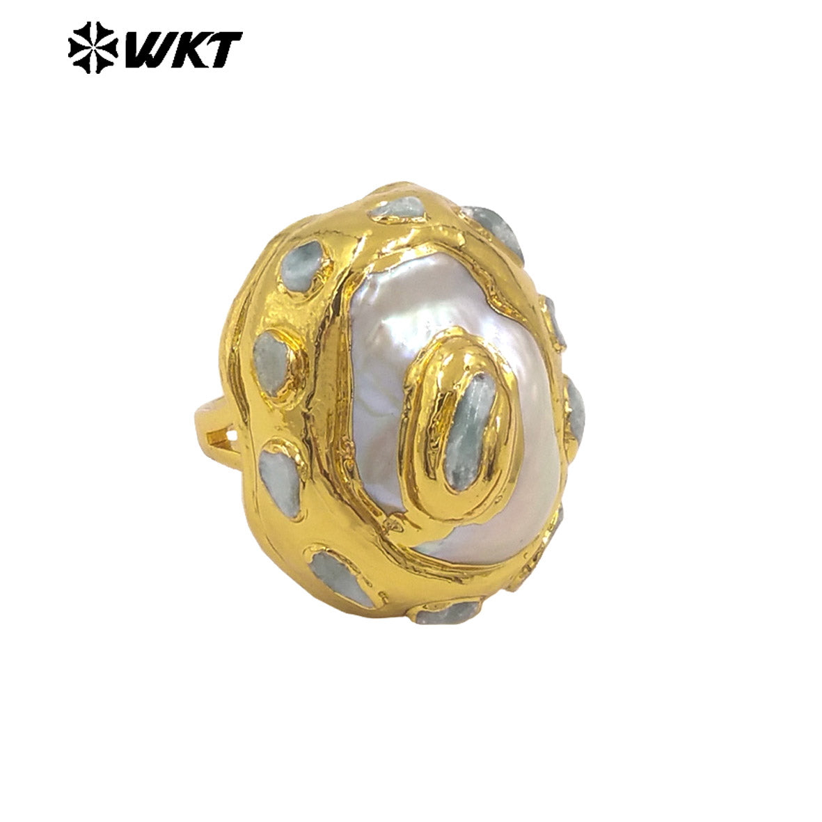 WT-MPR141 Wonderful Small Natural Green Jade And Larimar Stone With Pearl Gold Plated Rings For Women Boutique Jewelry