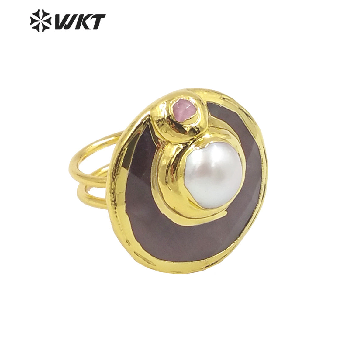 WT-R401 Natural Gemstone Lovely Fashion Cat Eye Ring with Pearl Crystal Colorful Round Ring 18k Gold-plated Women Gemstone Ring
