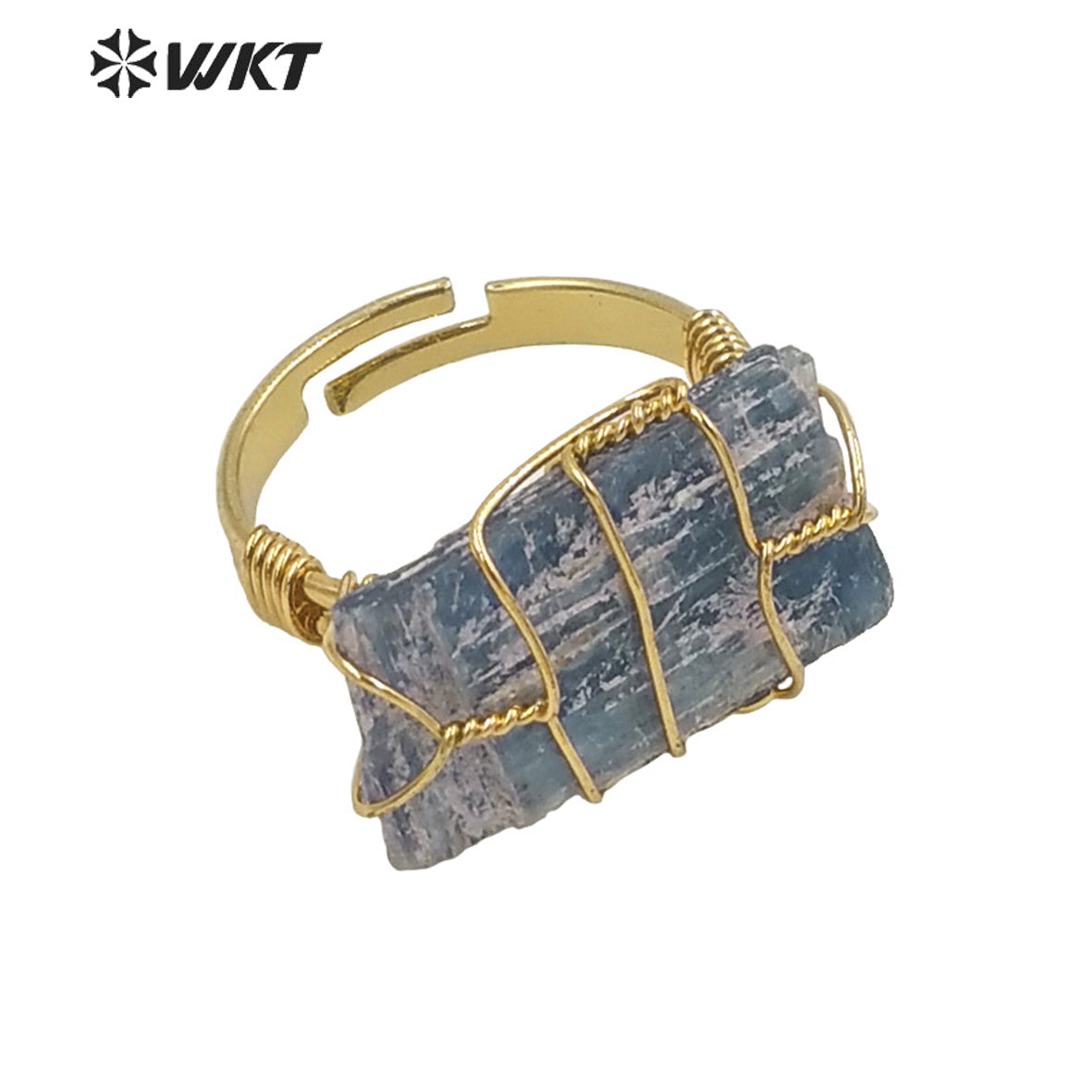 WT-R374 Wholesale Fashion Handmade Wire Wrapped Raw Stone Ring Women Gold Vintage Boho Blue Kyanite Fluorite Ring