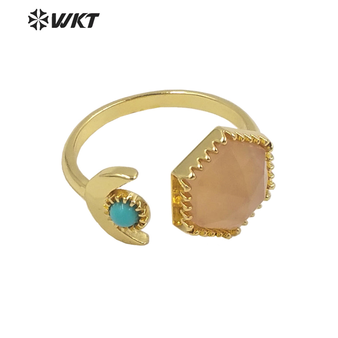 WT-R426 Delicate Fashion Gold Open Size Double Stone Ring Natural Gemstone Hexagon Double Stone Gold Bezel Ring for Girls