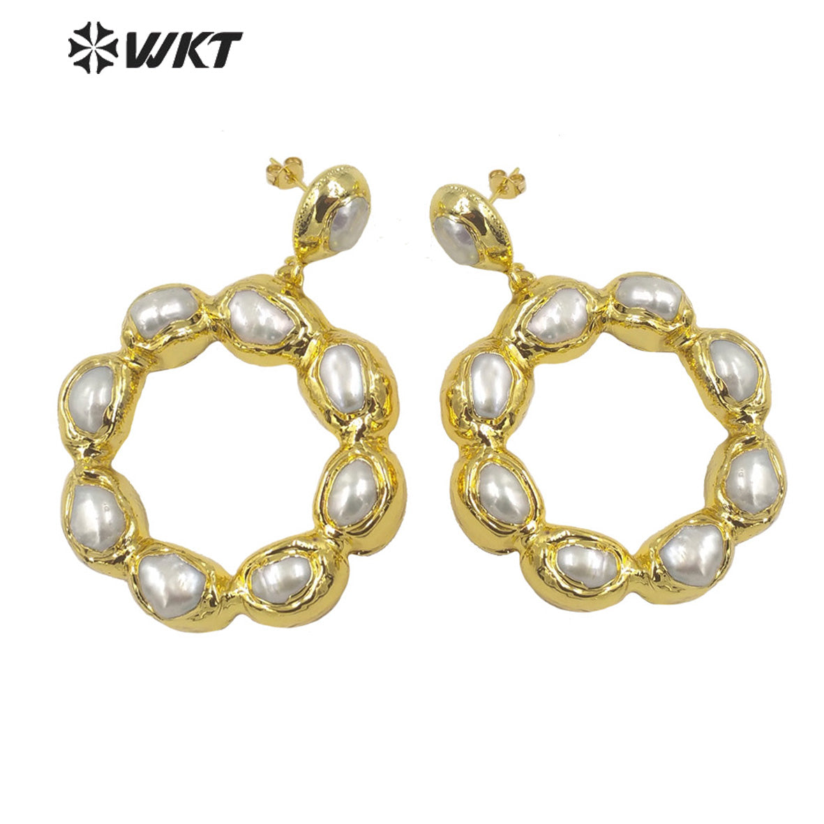 WT-MPE081 Wholesale Fashion Gold Electroplated Freshwater Pearl and Stone Round Ring Earrings Big Dangle Pendant Earrings