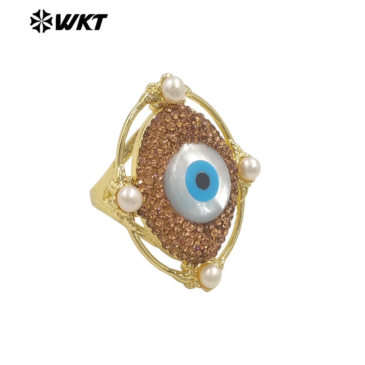 WT-MPR116 New Design Vintage Eye 18K Gold Plated Round Pearl Rhinestone Ring Niche Cultural Jewelry for Both Men and Women