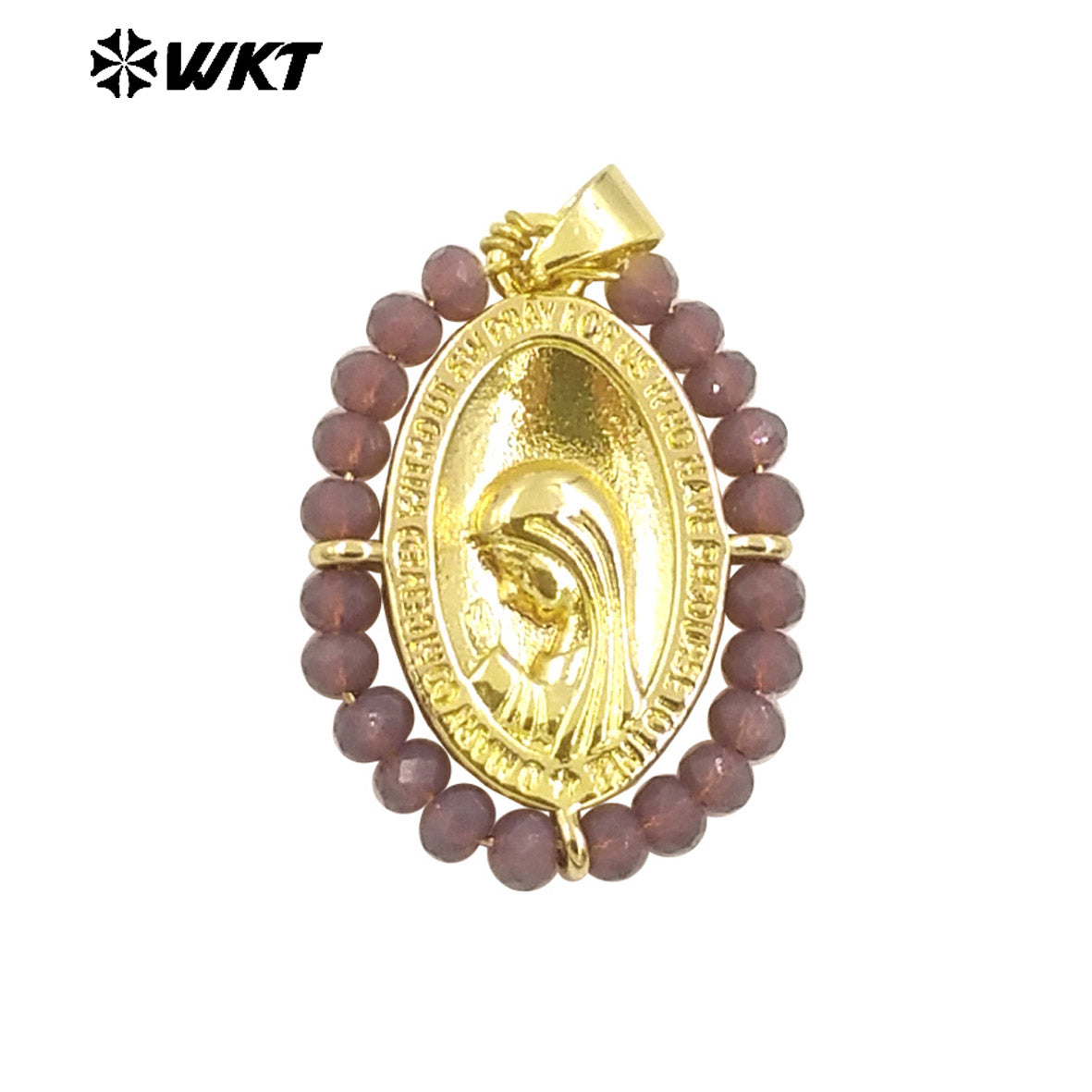 WT-MN995 WKT 18K Gold Plated Yellow Brass Metal Carved With Handmade Wire Wrapped Crystal Beads the Beauty Face Necklace