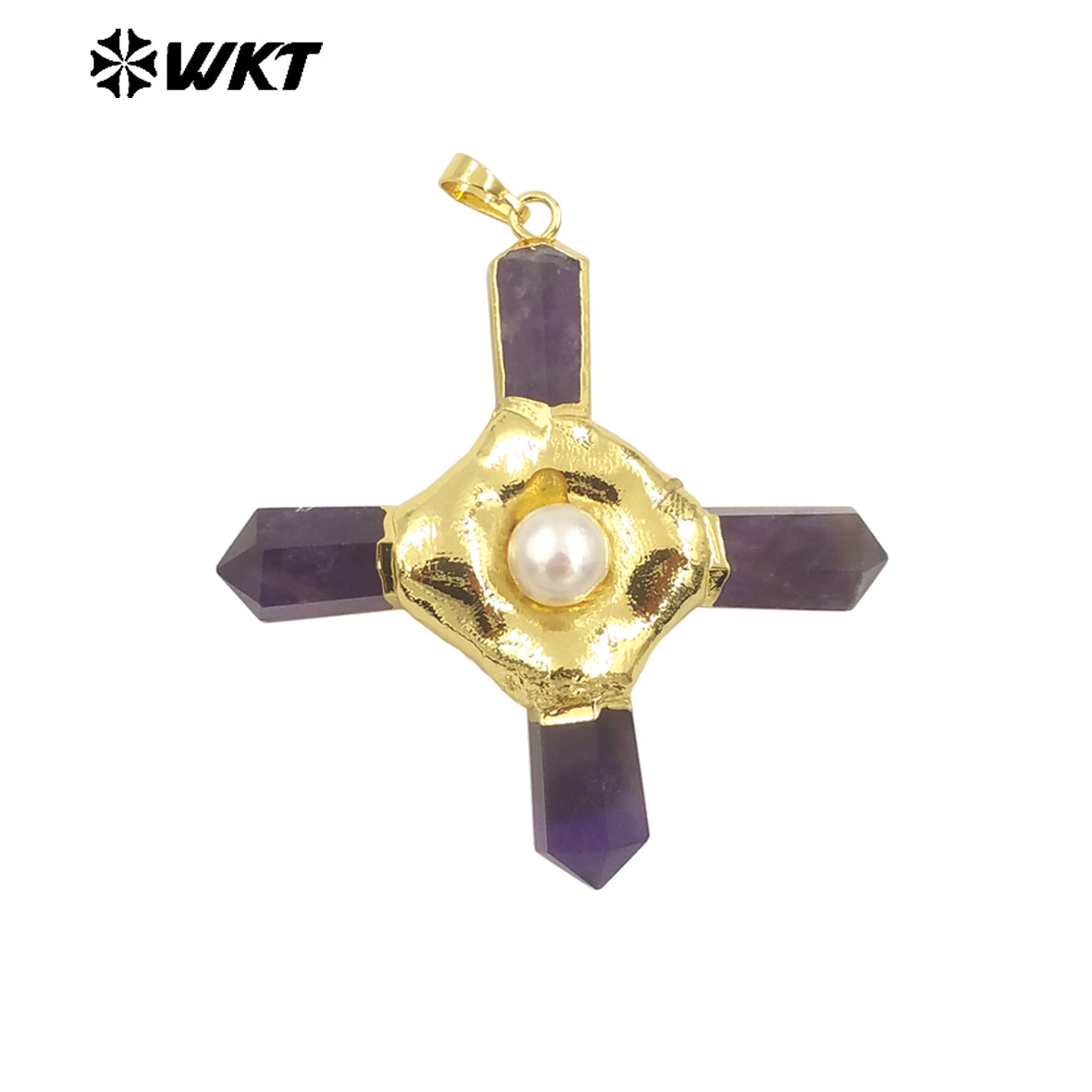 WT-P1967 Wholesale Fashion Gold Plated Cross Healing Energy Gemstone Point Anchor Pendants Special Rose Quartz Jewelry