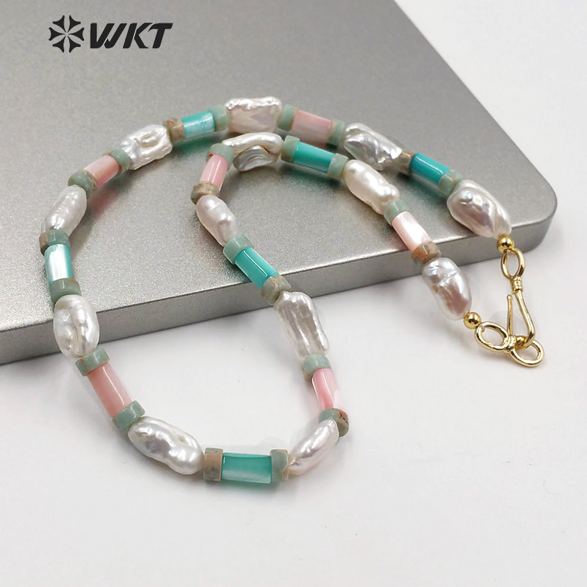 WT-JN113 Exclusive Design Baroque Pearl and Turquoise Beads Necklace 16" Baroque Pearl Beads Necklace Turquoise Beads Necklace