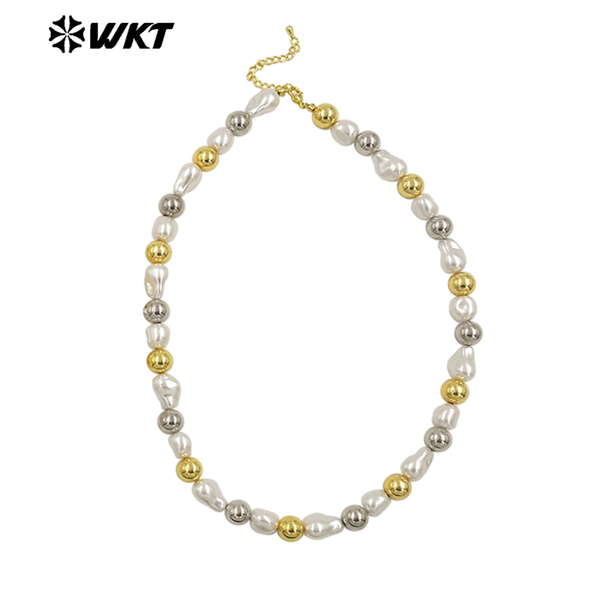 WT-JN293 Wholesale Hot Sale 16 Inch Flat and Round Artificial Pearl Gold and Silver Necklace Temperament Jewelry for Party Dress