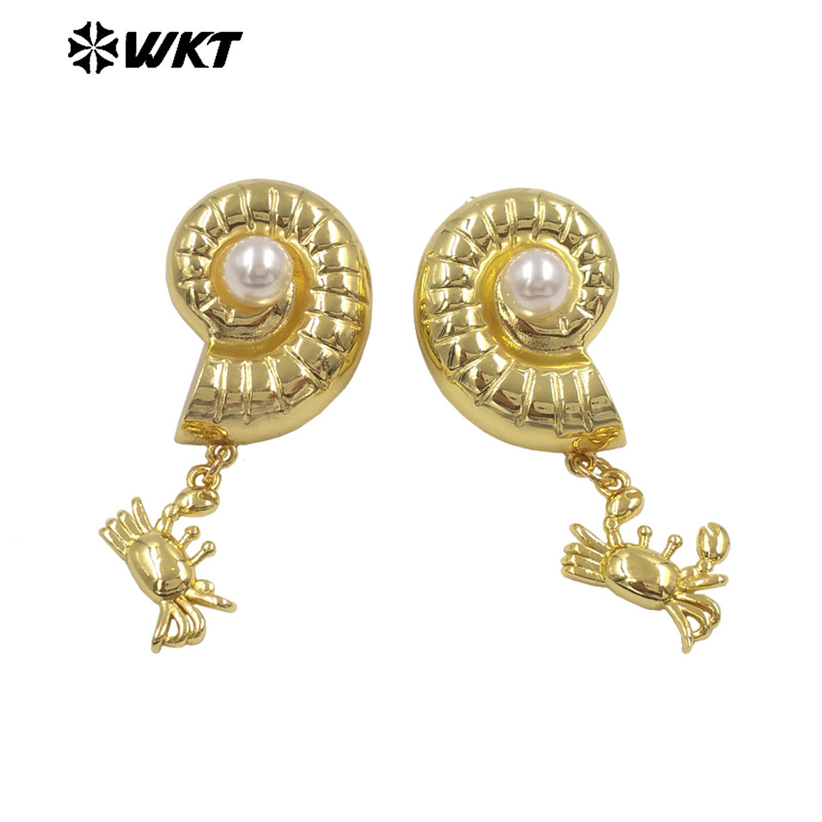 WT-ME133 High Quality Interesting Gold Plated Brass Shell And Crab Charm With Artificial Pearl Earrings For Ladies Party Gift