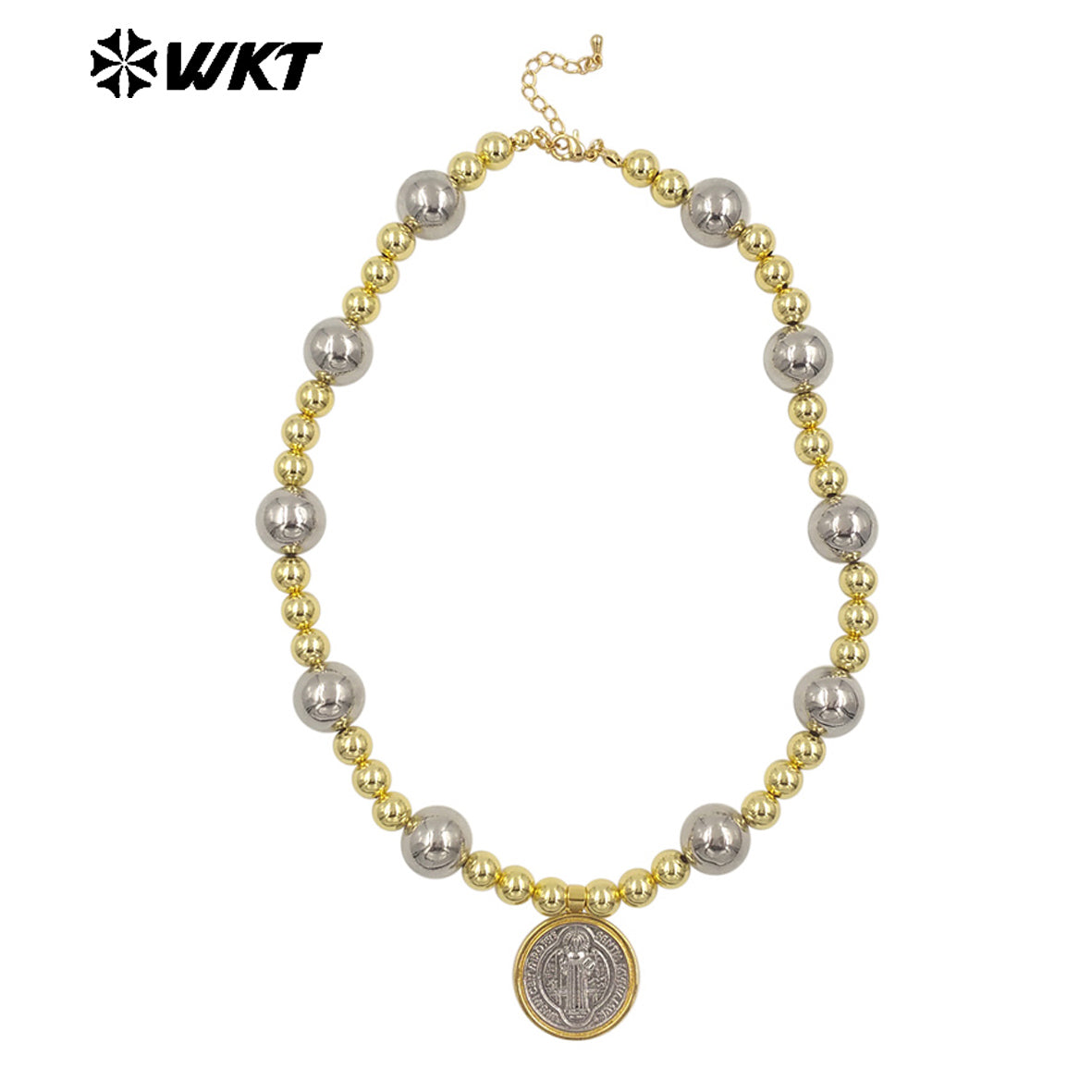 WT-JN303 Customize 18K Gold Plated and Silver Round Flat Pearl Beads Religious Shell Necklace Fashion Special Jewelry for Ladies