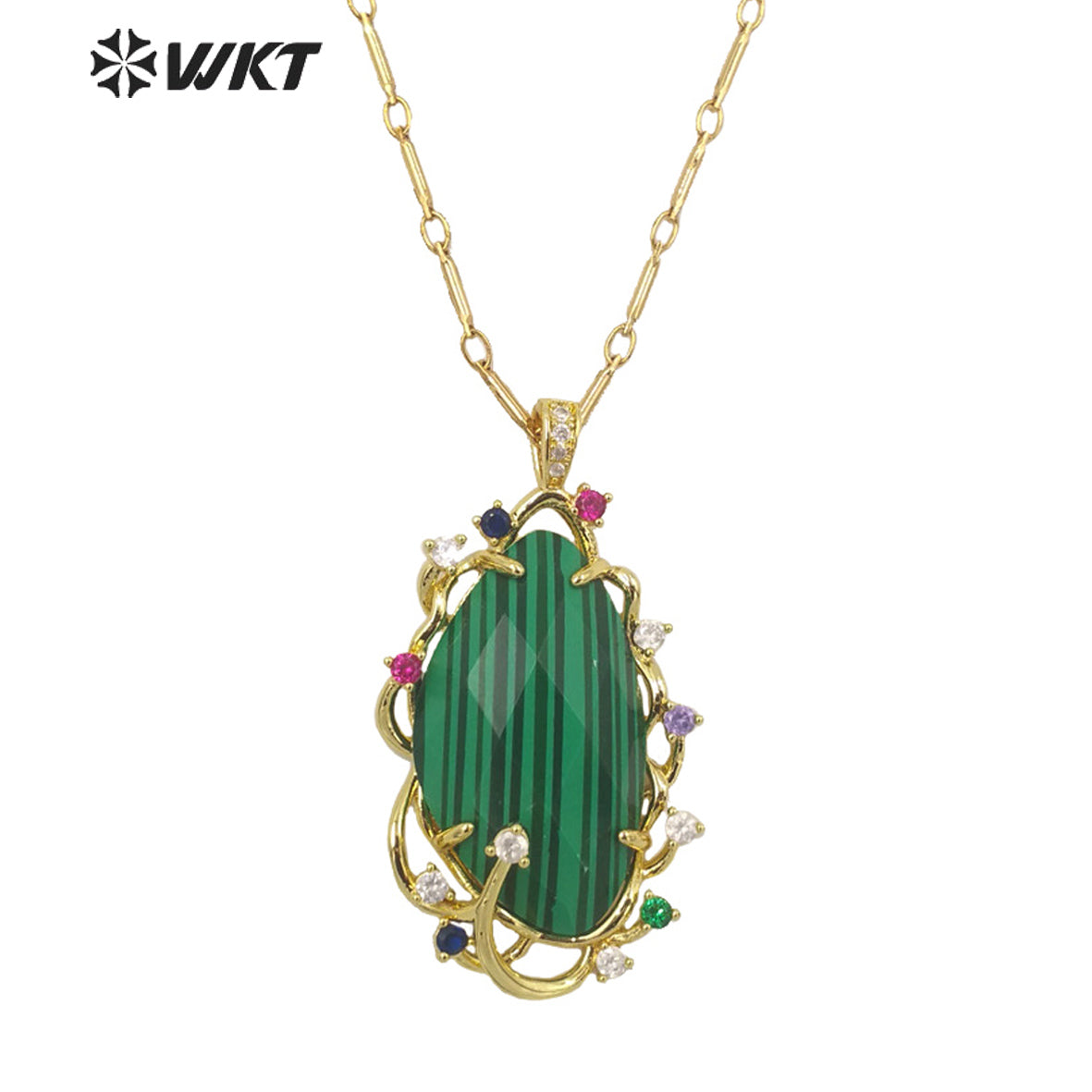 WT-N1351 Wholesale Fashion Gold Plated Natural Gemstone Bezel Setting Pendant Necklace Women Gorgeous Micro Pave Stone Necklace