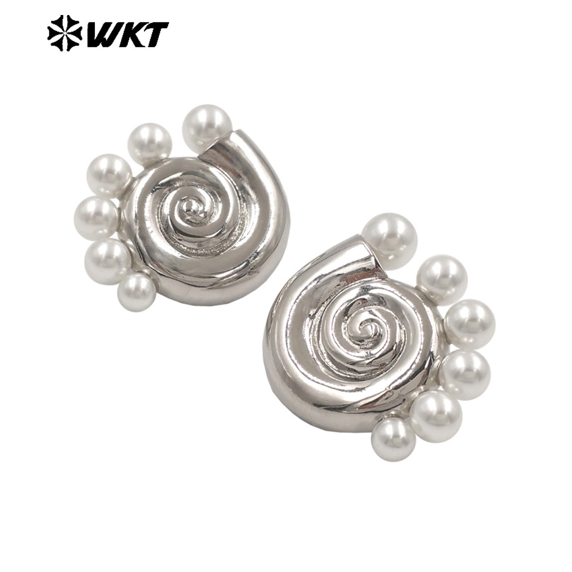 WT-ME130 Summer Hot Sales Gold And Silver Plated Brass With Artificial Pearl Shell Shape Earrings For Daily Casual Wearing