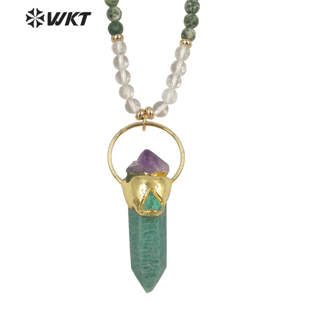 WT-N1337 WKT Powerful Energy Cylinder Shape Blue Apatite Amazonite Mix With Amethyst Long Beads Necklace Gemstones Beads Chain