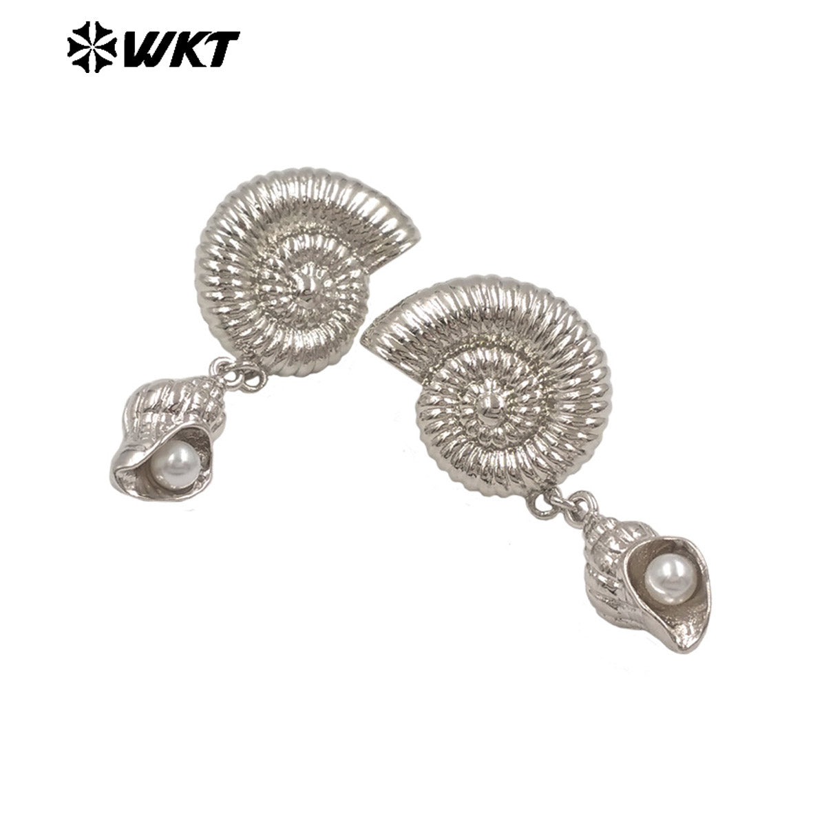 WT-ME131 Boutique Gold And Silver Plated Brass Charms With Artificial Pearl Shell Shape Earrings For Women Vacation Jewelry