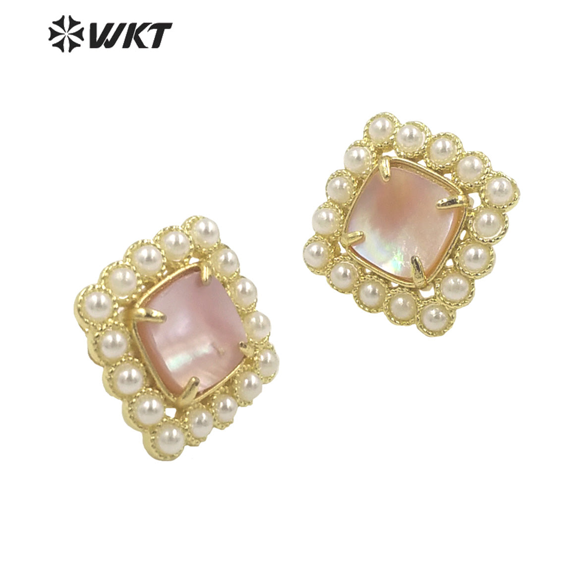 WT-MPE119 Latest Design Fashion Square Shape Claw Setting With Natural Shell Inner Gold Plated Women Studs