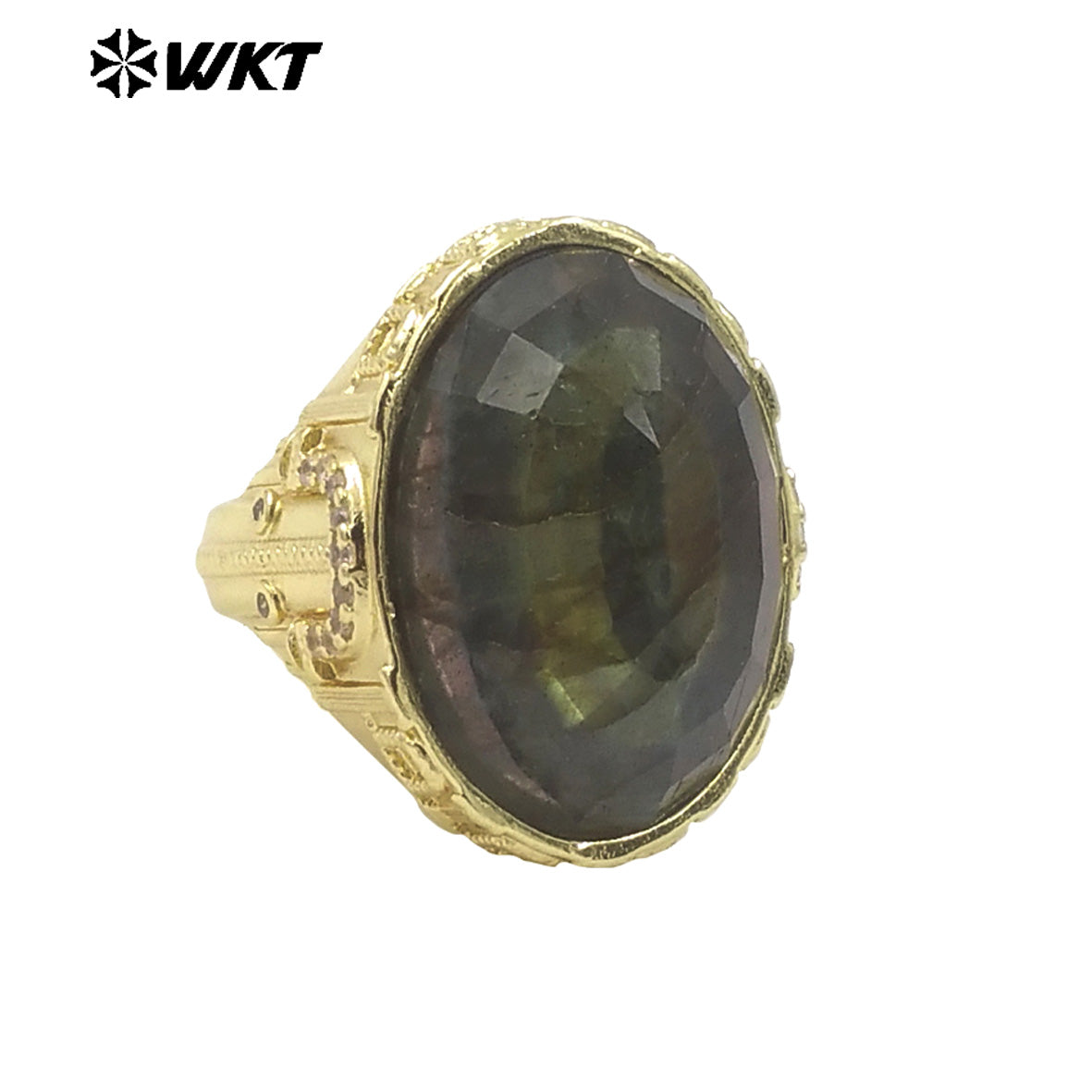 WT-R520 Wholesale Oval Shape Faceted Cabshion Natural Labradorite Stone Anniversary Women Ring in Gold Plated