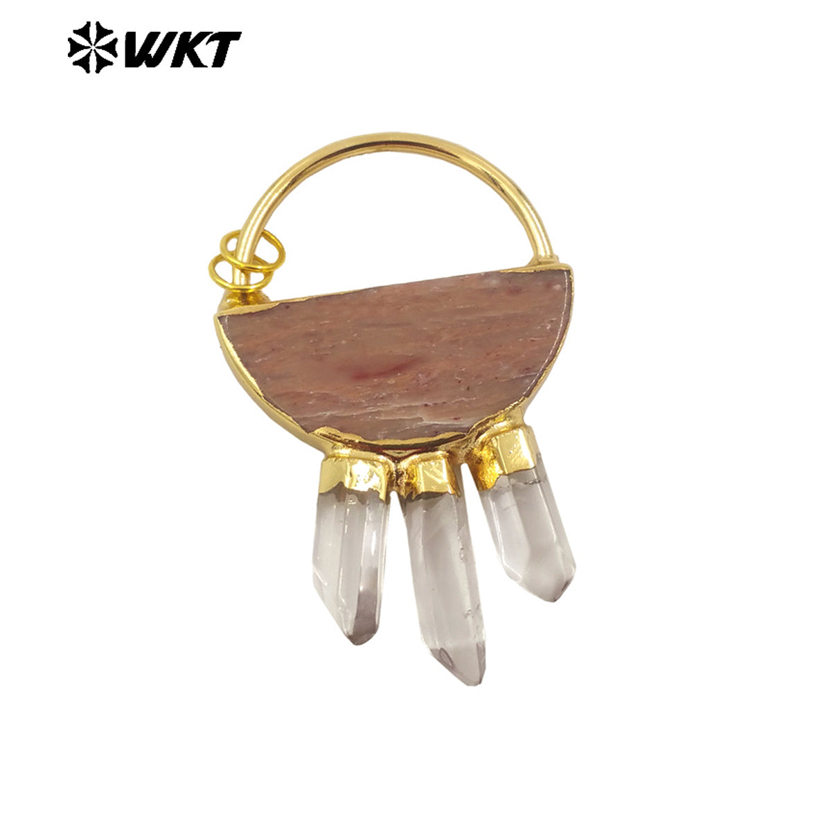 WT-P1969 WKT Unique Design Natural Stone Carved Half Circle Slice Rhodonite With Amethyst Quartz Pendant