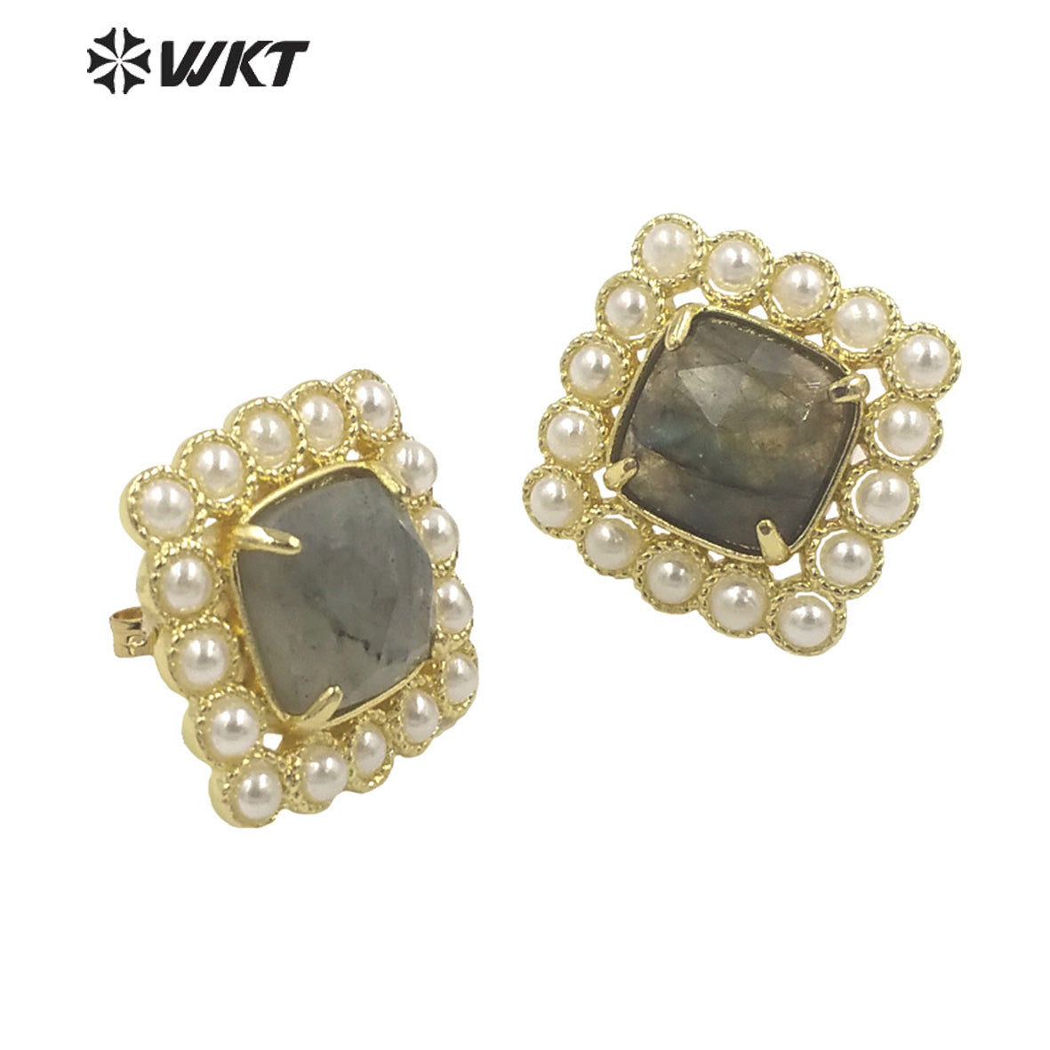 WT-MPE120 Amazing Elegant Square Artificial Pearl With Natural Stone Claw Setting Women Bohemian Studs