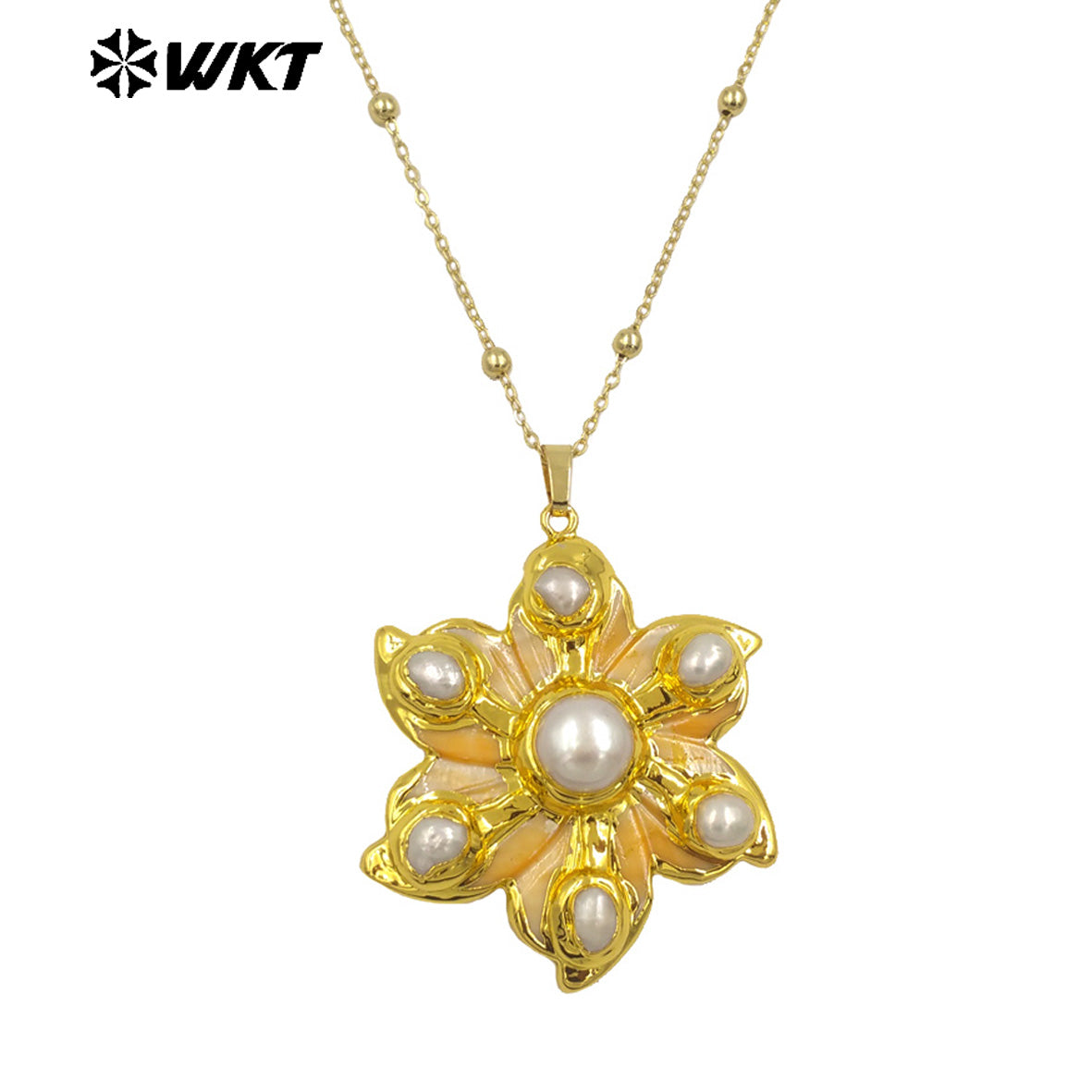 WT-JN294 the New Romantic 18K Gold Plated Natural Shell Six Pearl Flower Shaped Necklace for Lovely Woman As Birthday Gift