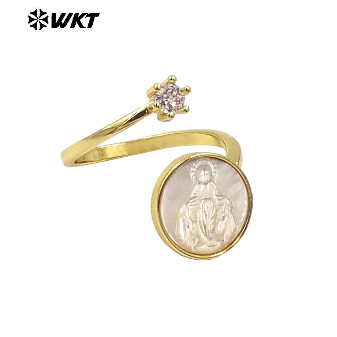 WT-MPR092 WKT New Christian Jewelry Design 18K Gold Plated Adjustable Religious Virgin Mary Ring With Zircon Stone