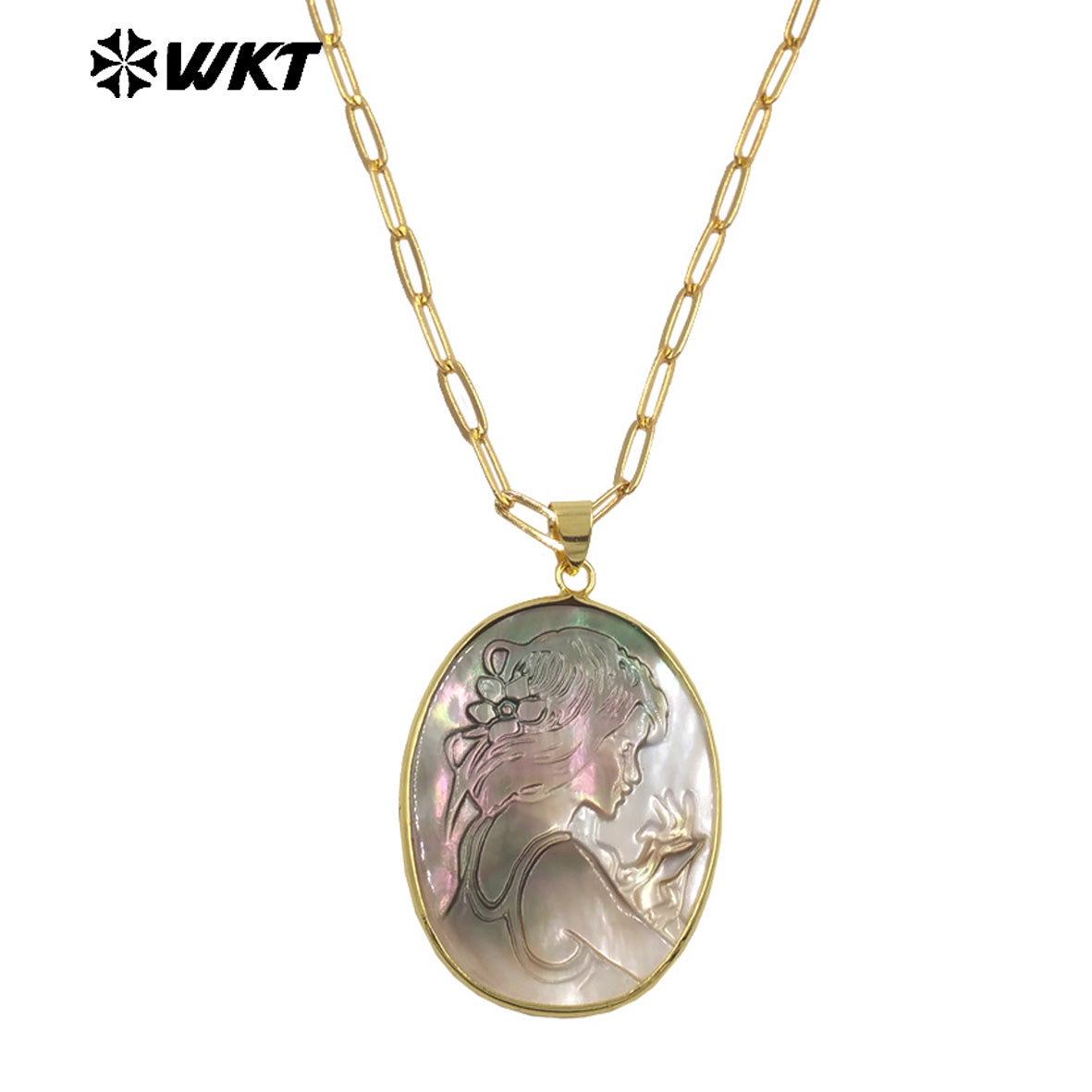 WT-JN338 Popular Sales Natural Shell Gold Plated Round Hand Carved Beauty Heads Pendant Necklace For Friends Birthday Gift