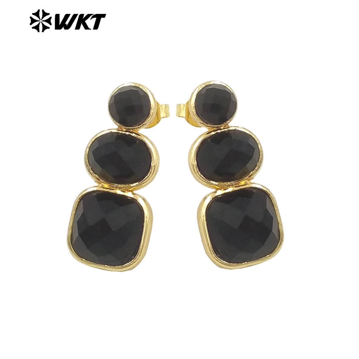 WT-E754 WKT Precious Triple Stone Assemble Handmade Setting Natural Amethyst Lapis Long Dangle Geometric Lady Earrings