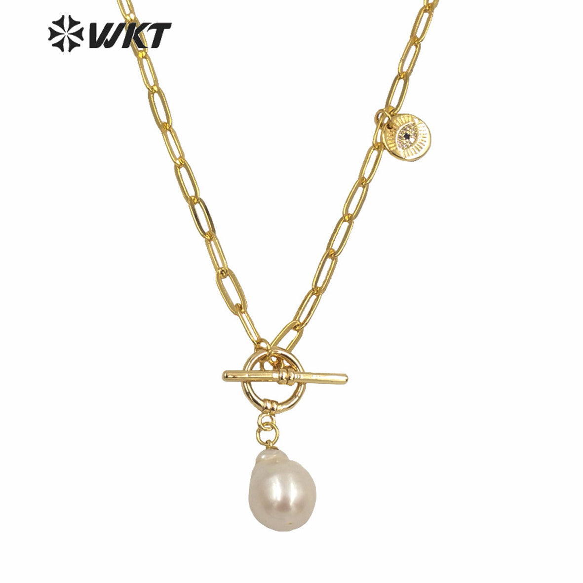 WT-JN129 WKT Wholesale Natural Freshwater Baroque Pearl Pendant Necklace Women Fashion Gold Brass Chain Casual Pearl Necklace