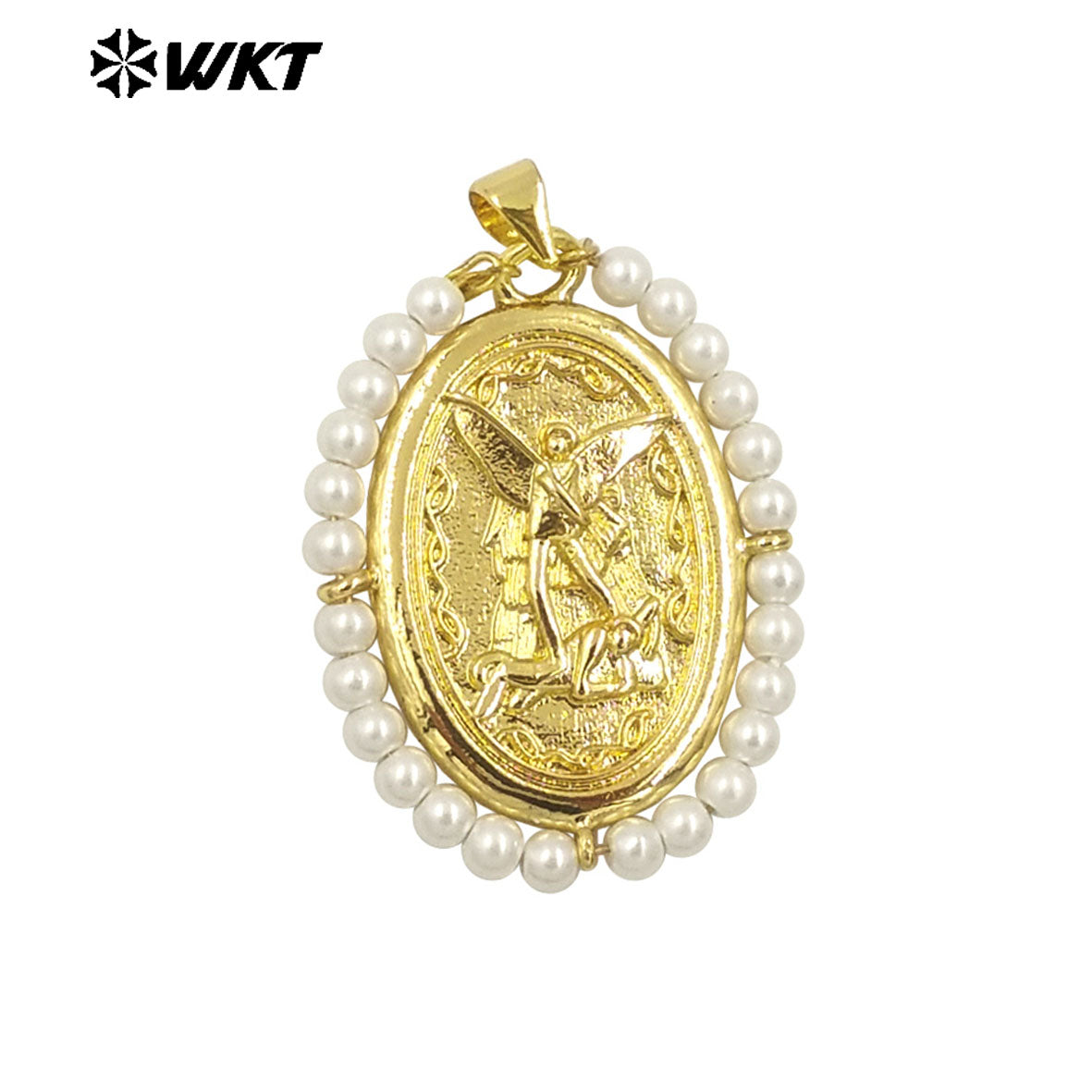 WT-MN990 Fashion Women 18K Real Gold Plated Oval Shape Crystal Wire Wrapped Guardian Angel Necklace for Christian