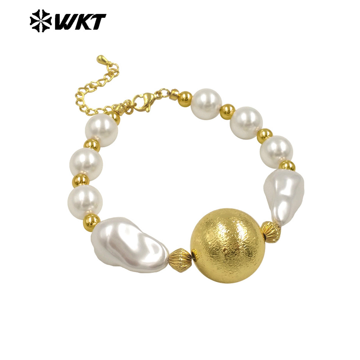 WT-MPB120 New Cute Style Large White Irregular Beads Gold Round Beads Artificial Pearl Bracelet for Girls As Daily Decoration